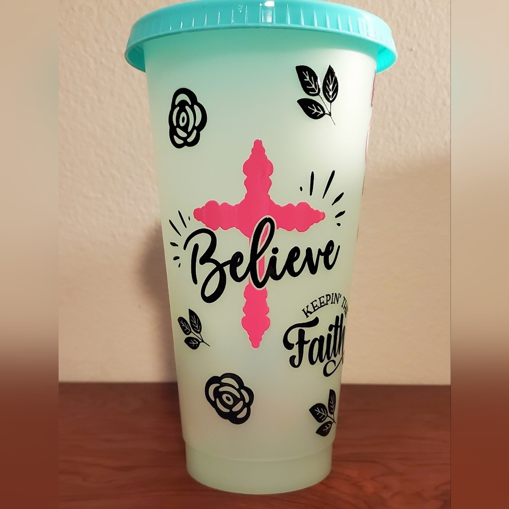 🪻3/$25 Teal Faith Cross inspired Plastic 24oz Color Changing Tumbler Lid Straw